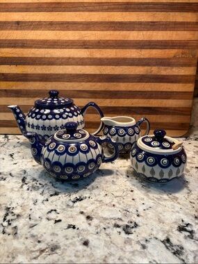 Blue and White Ceramic Tea Service Set - Hand-Painted Pattern